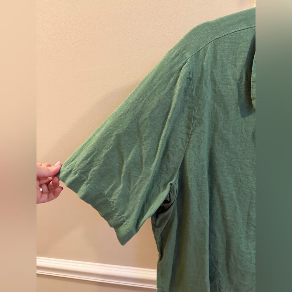 J. Crew Bungalow Popover Green Linen Split V-Neck Short Sleeve Top - Picture 3 of 6